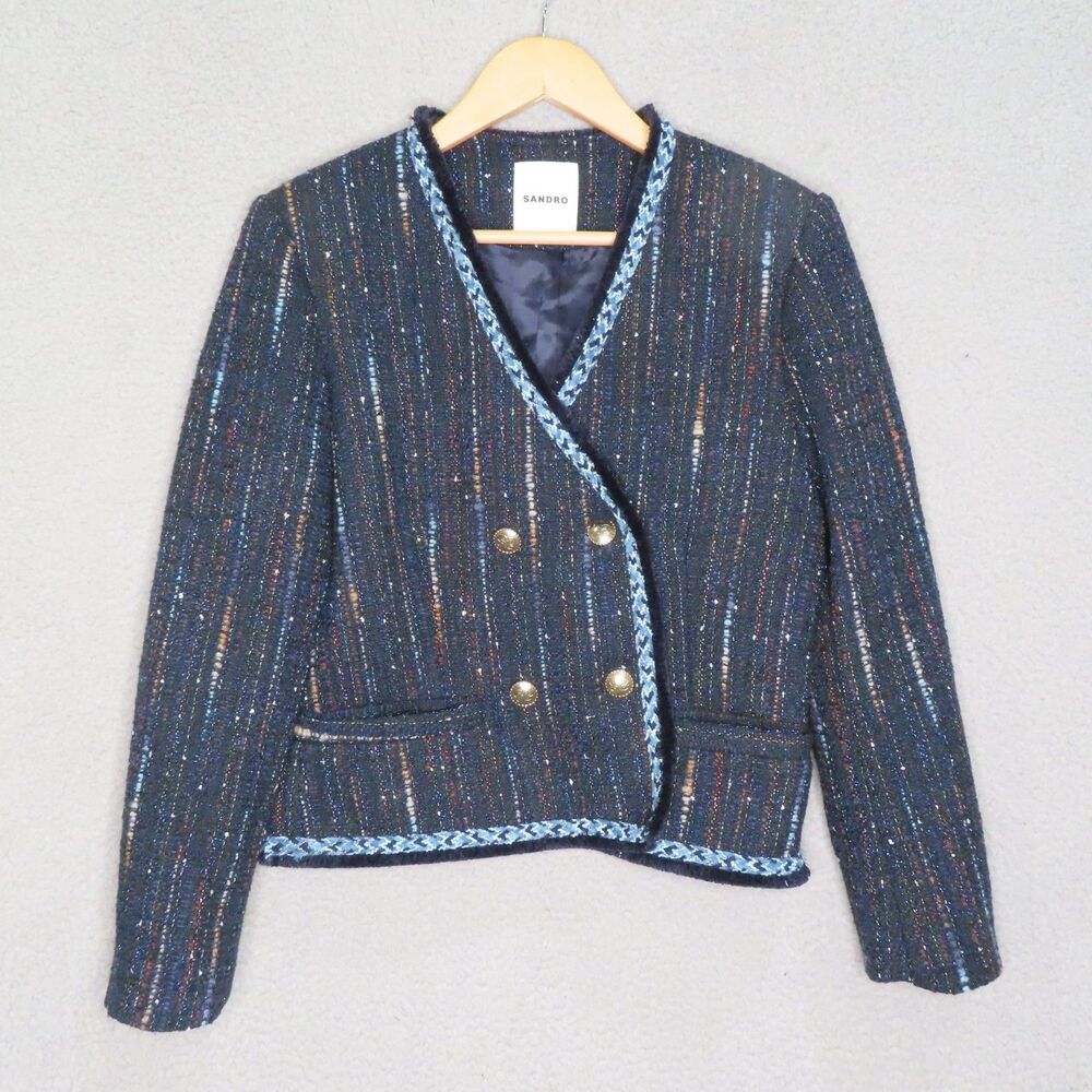 Sandro Colibri Tweed Double-Breasted Jacket 38 EU 6 US Navy Long Sleeve Button - Picture 2 of 15